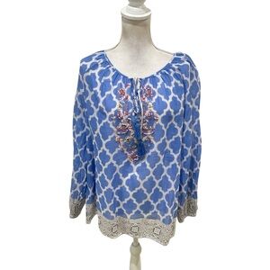 Dolma coral Beaded Blue Print cotton Peasant tunic Blouse size medium